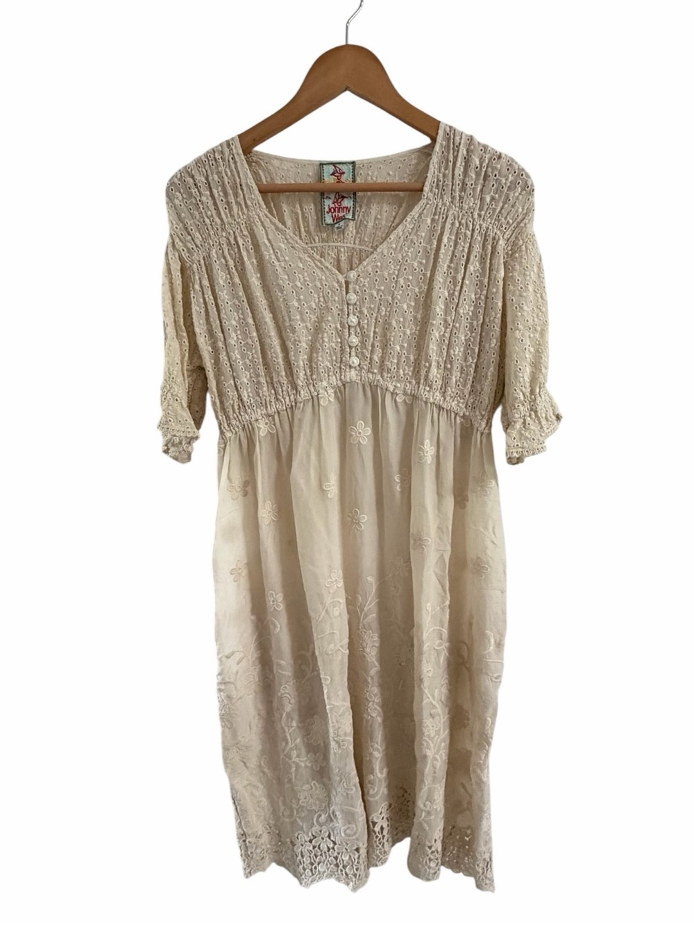 Johnny Was Cream Eyelet Midi Dress with Button Front
